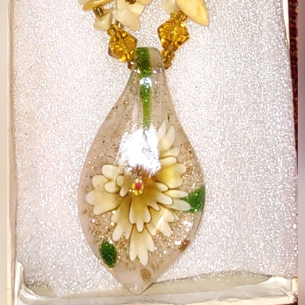 Murano Fused Glass Pendant on Yellow Beaded Necklace